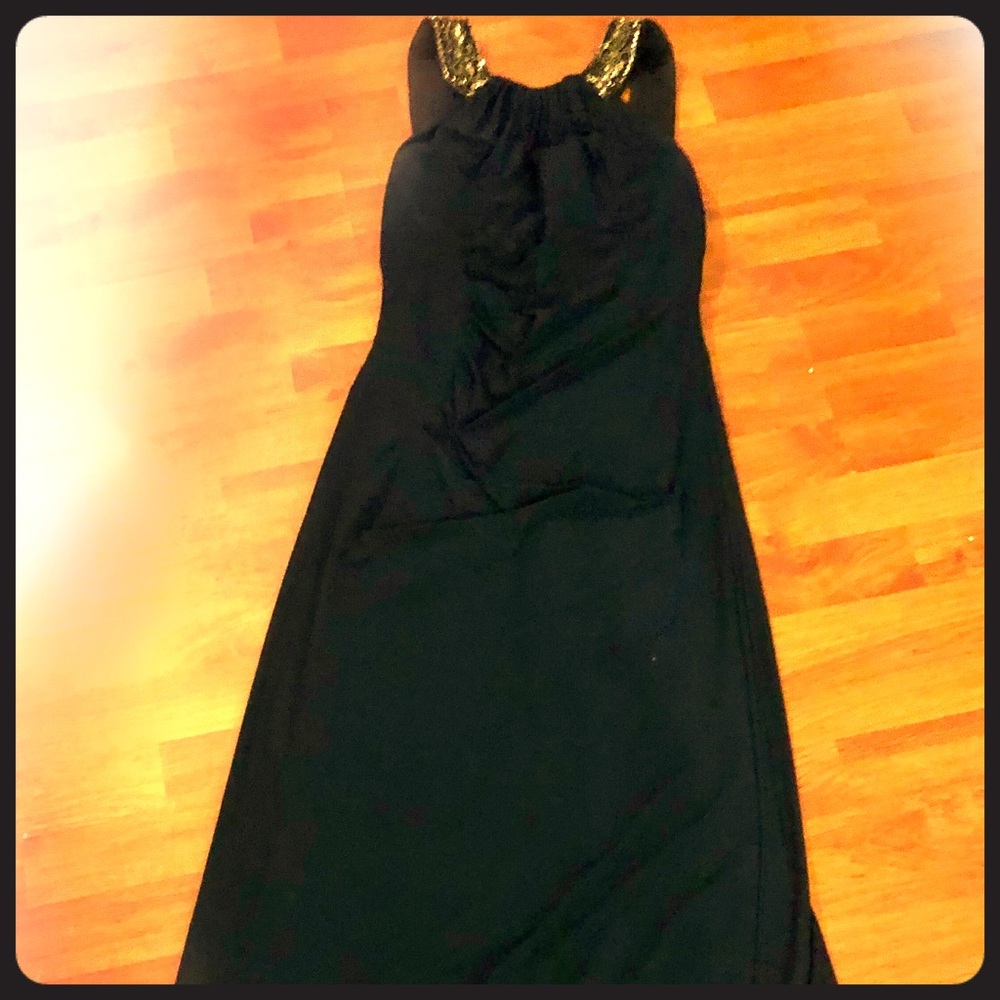 Xscape navy long gown ruched side and beading.
